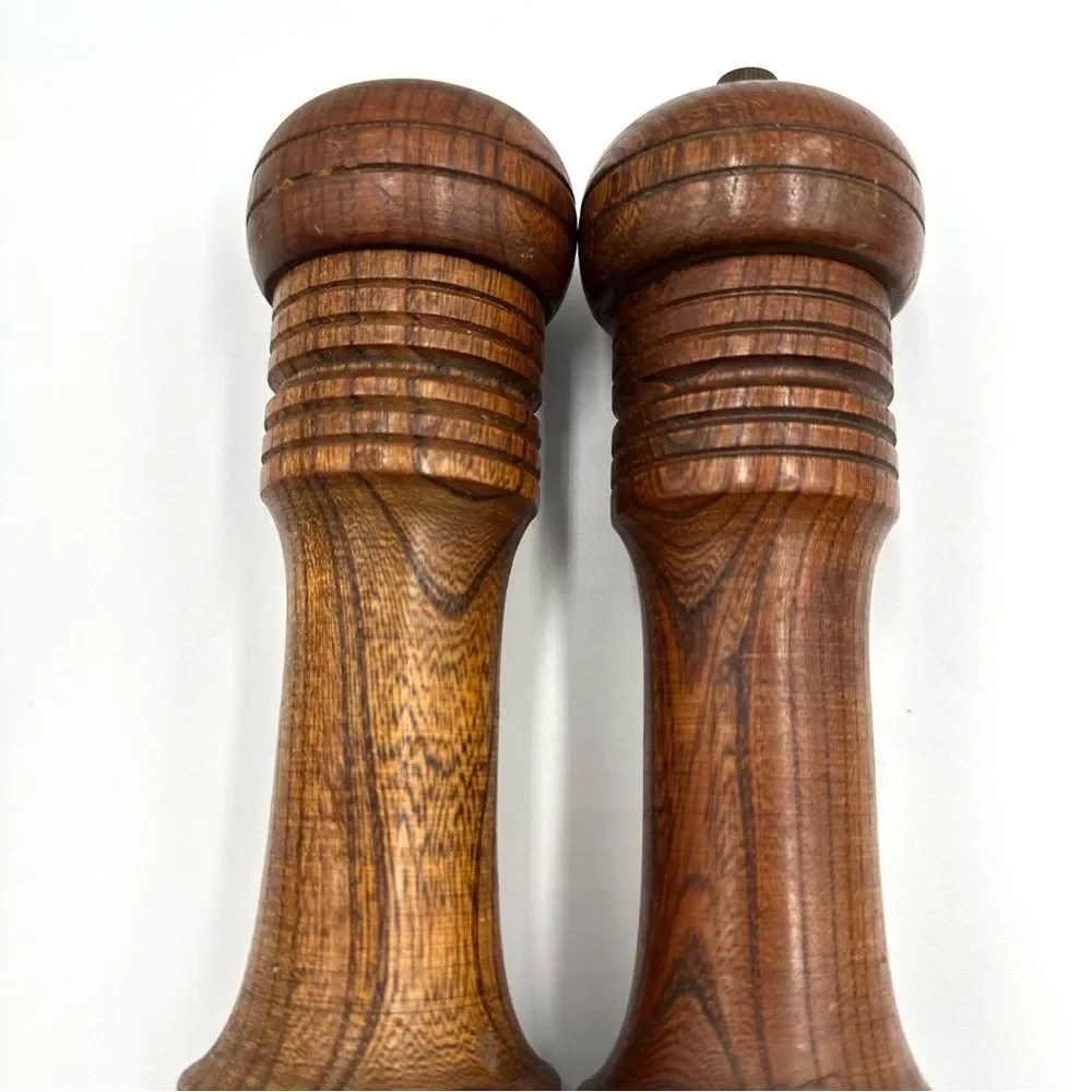 Vintage 1980s Wooden Salt Pepper Grinder Mill Set Large Turned Wood Kitchen Pair